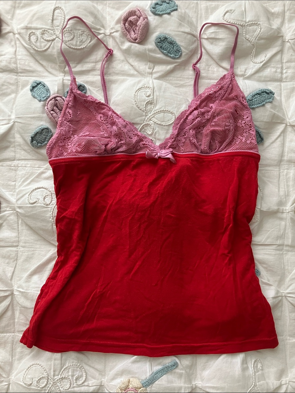 Pink & red lace trim cami tank